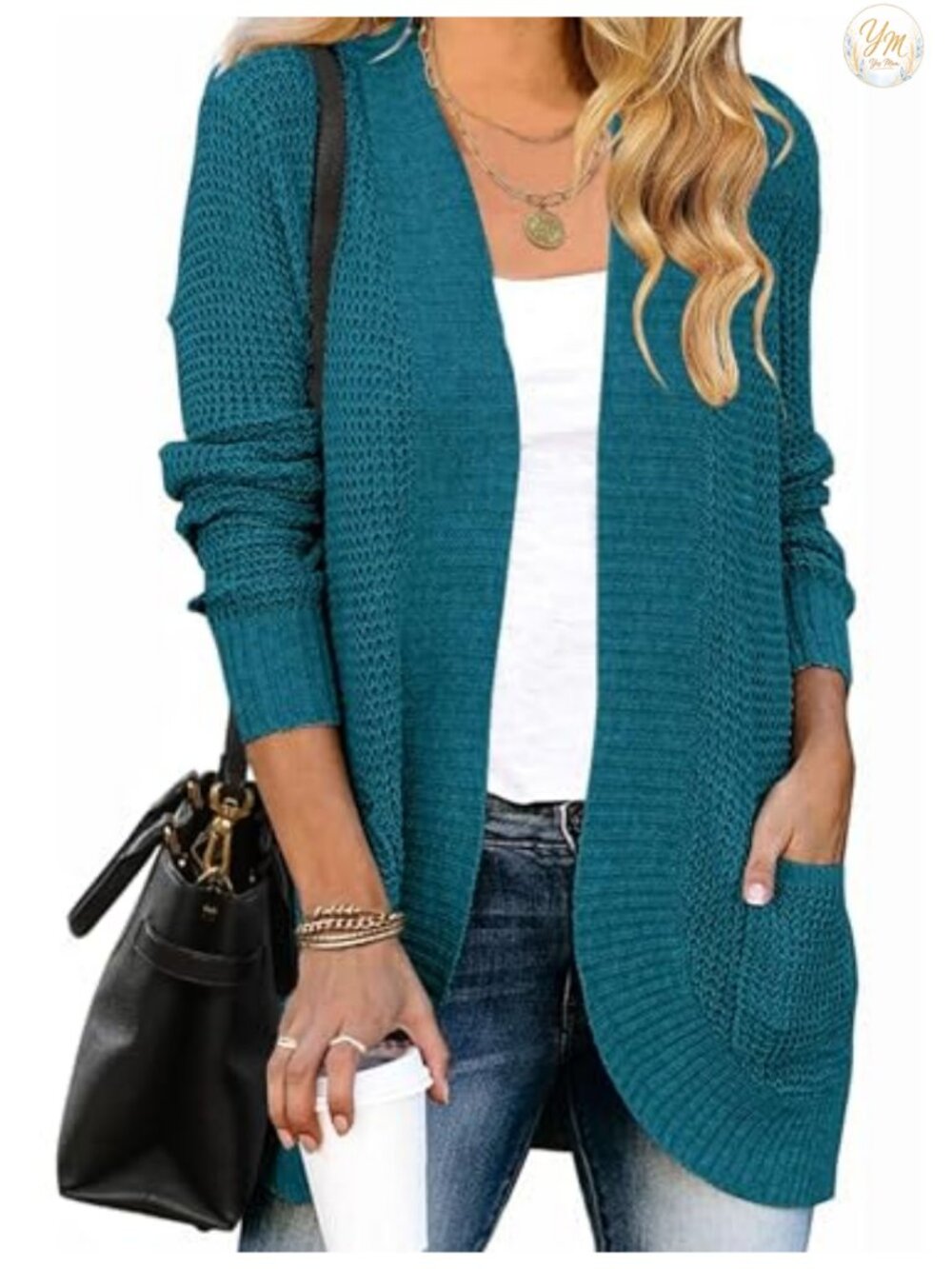 Open Front Cardigan Loose Fit Long Sleeve Ribbed Trim Cocoon Sweater